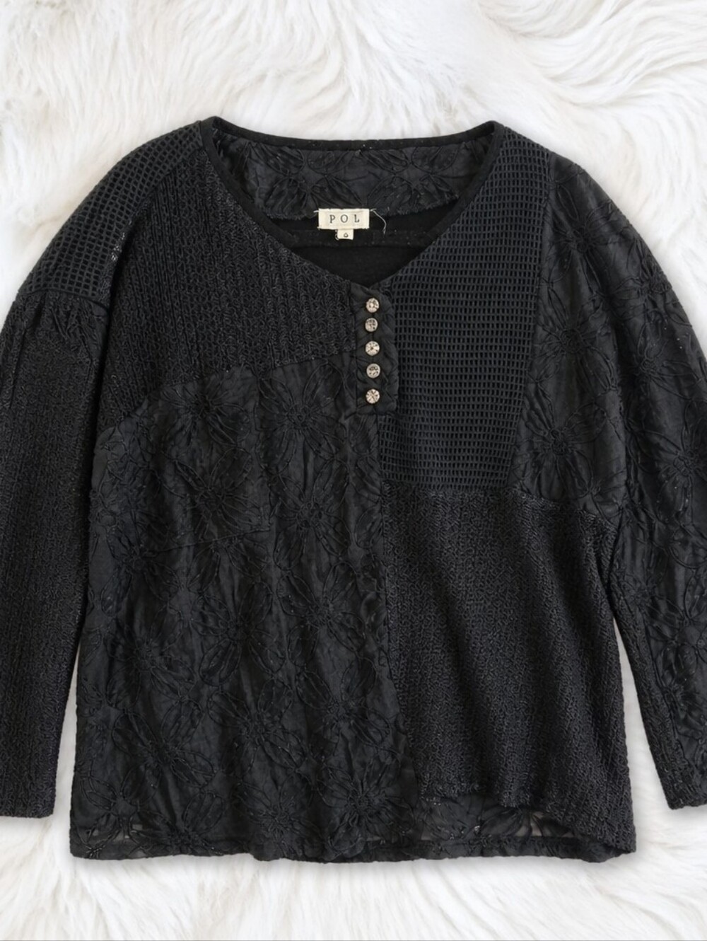 POL Black Mixed-Texture Patchwork Top SIZE S NWOT